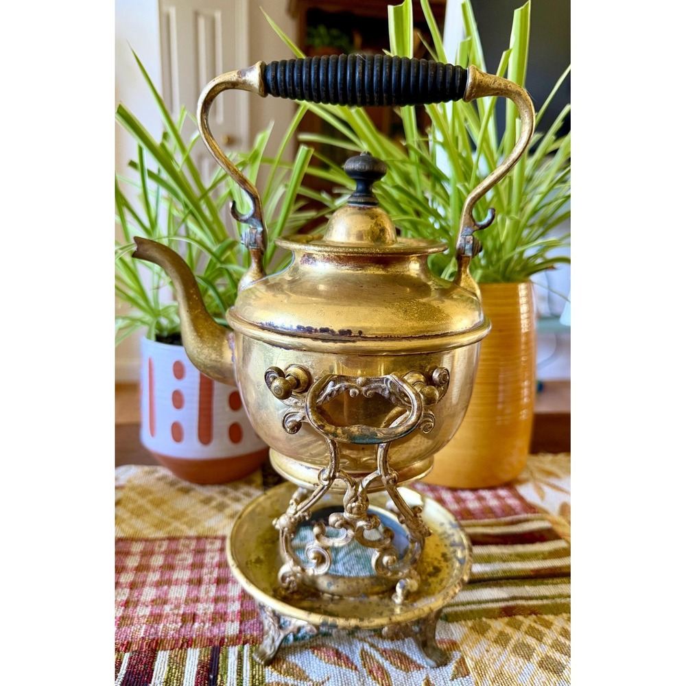 Antique S. Sternau & Co. Brass Tilting Tea Kettle on Stand (Brooklyn NY 1900)